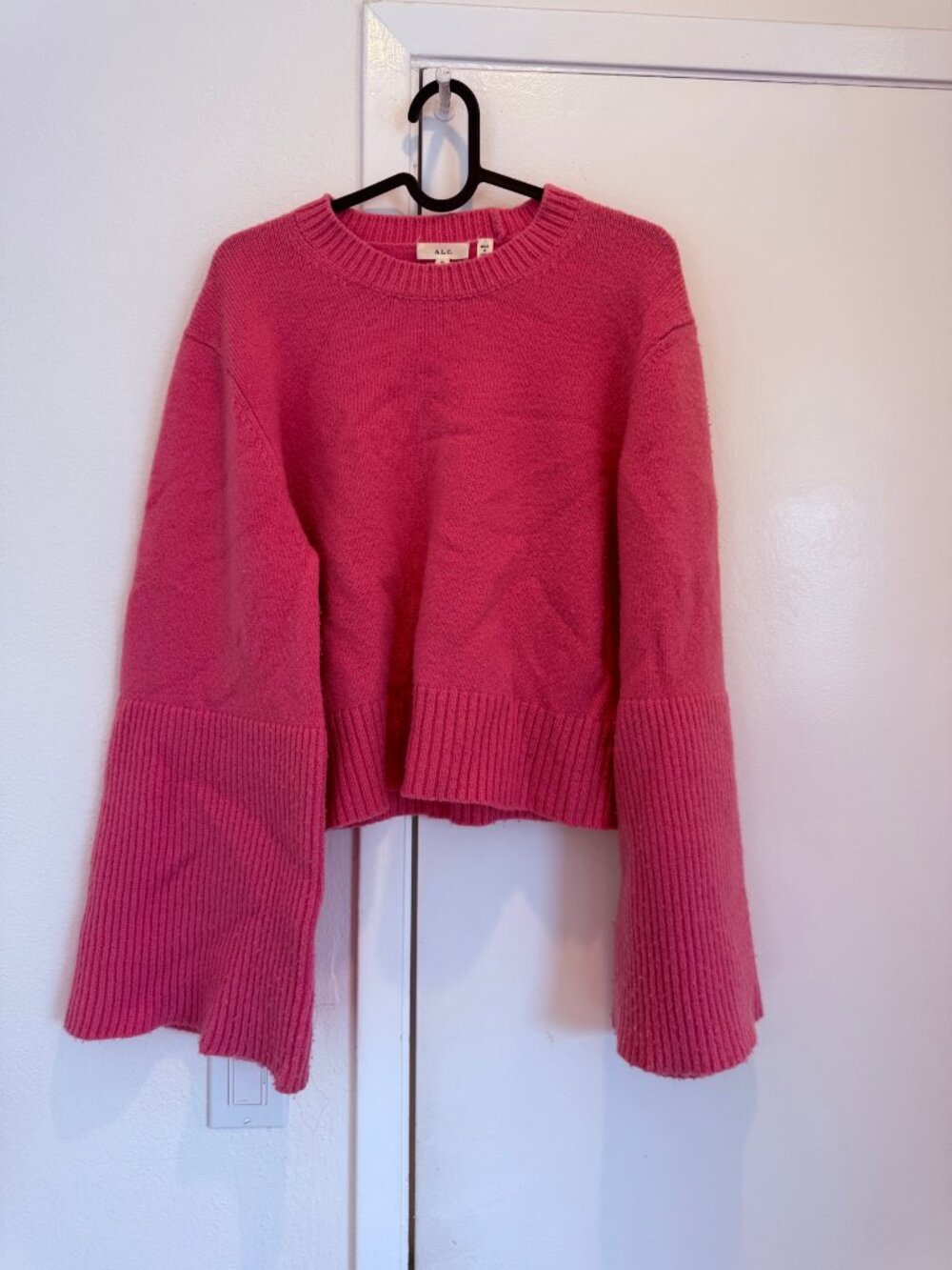 A.L.C. Pink Merino Wool Bell Cuff Sweater Crewneck Cropped Size XL